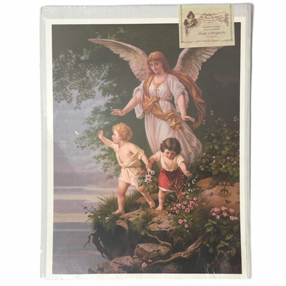 Vintage Picture Guardian Angel Victorian Lithograph Old Print Factory Art USA - Picture 10 of 10